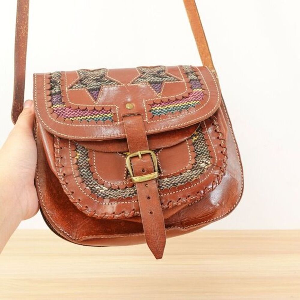 Saddle Leather Patchwork Western Bag Small Brown Boho Applique‎ Stary INDIA